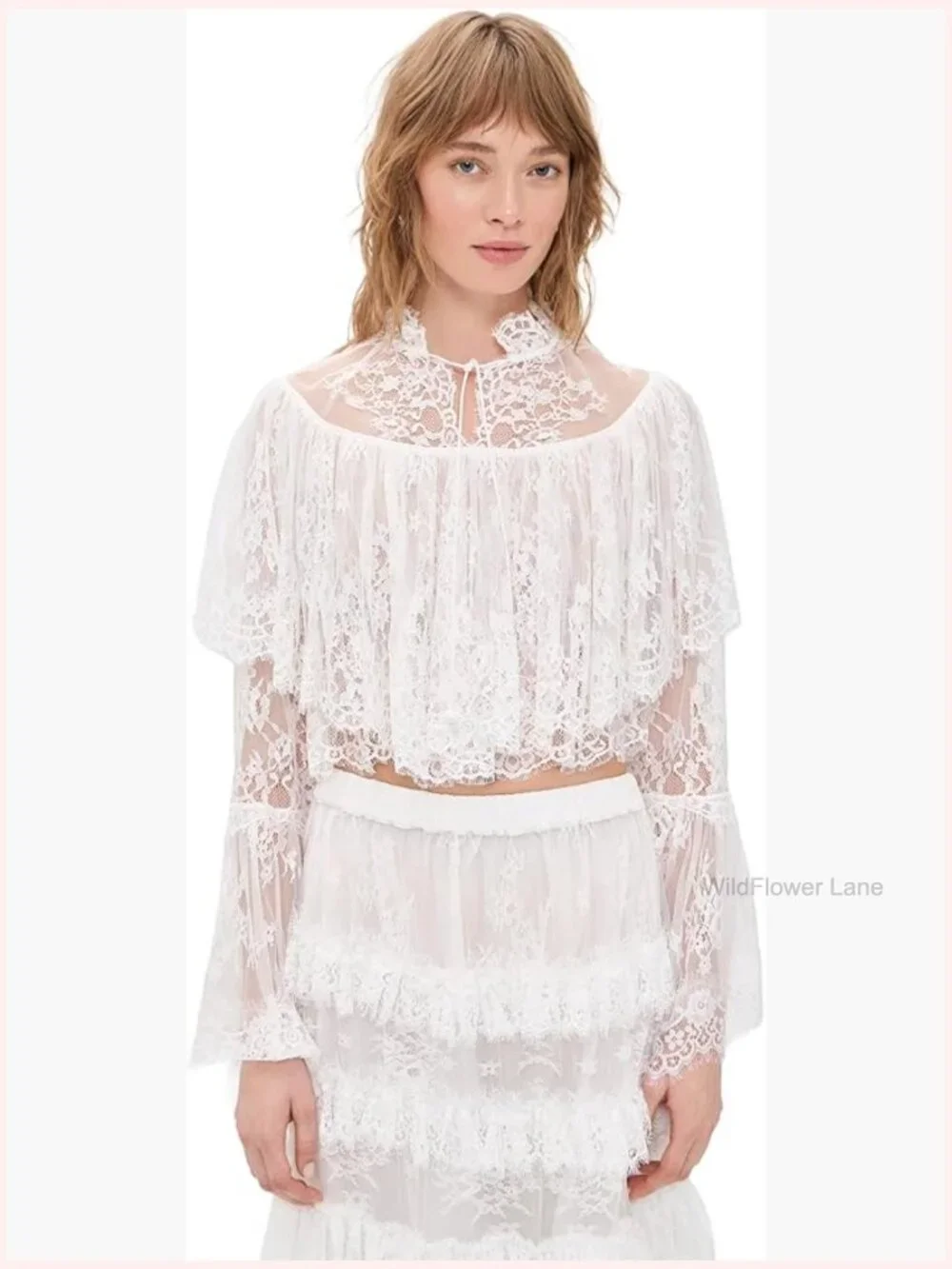 Scallop Trim Floral Lace Mock Neck Blouse - Picture 1 of 6